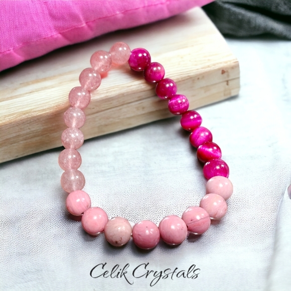 Pink Tiger Eye, Rhodonite & Strawberry Quartz Bracelet Stretches - Picture 3 of 6
